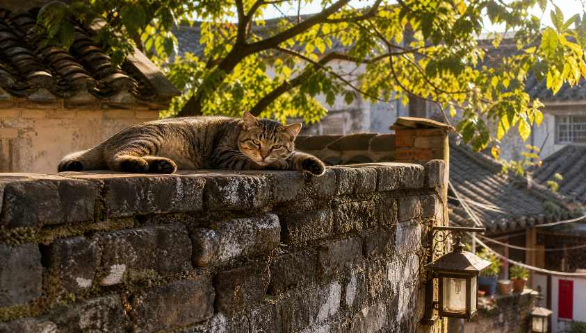 狸花猫与老院墙头 暖阳趴卧 古墙相伴 烟火闲适 4K壁纸 - 唯爱图库
