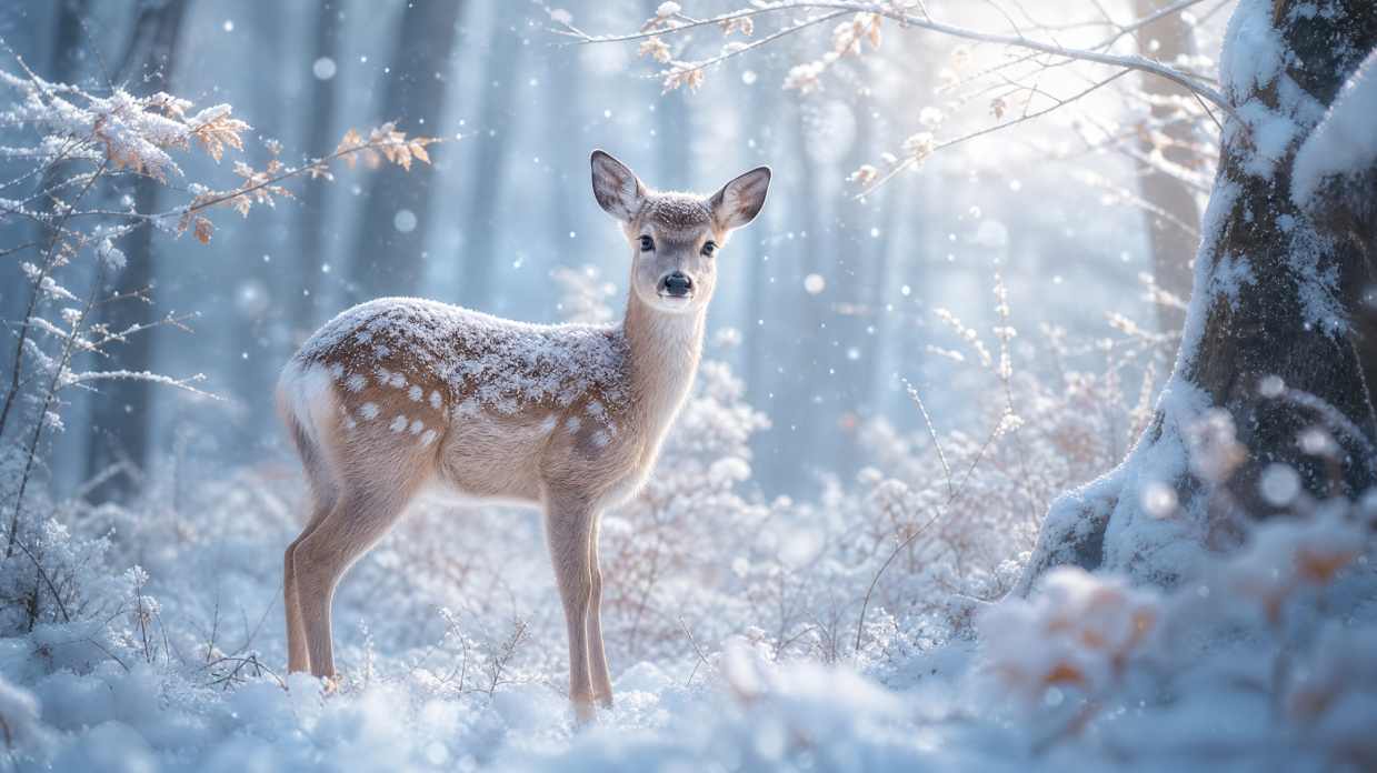 小鹿与初雪林间 浅毛覆薄雪 林间独行 梦幻冬景 4K壁纸 - 唯爱图库
