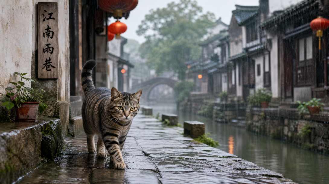 狸花猫与江南雨巷 缓步青石板 细雨濛濛 烟雨萌趣 4K壁纸 - 唯爱图库