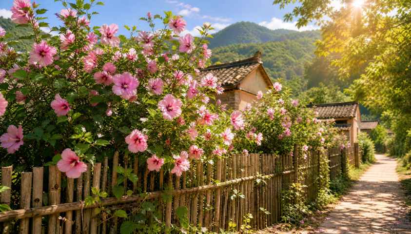 木槿花与乡村篱笆 繁花满枝 暖阳照耀 恬淡乡野 4K壁纸 - 唯爱图库