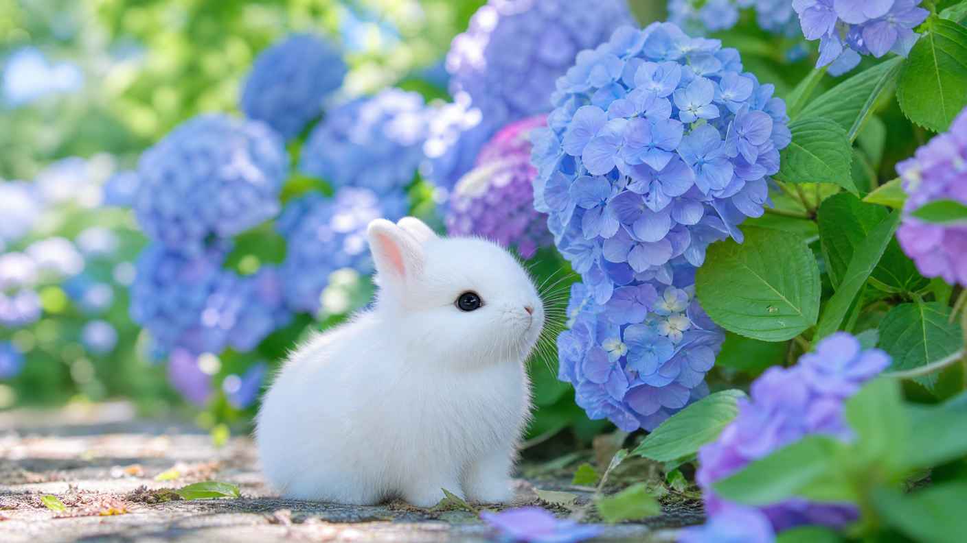侏儒兔与绣球花丛 雪白绒毛 蓝紫繁花 软萌春日 4K壁纸 - 唯爱图库