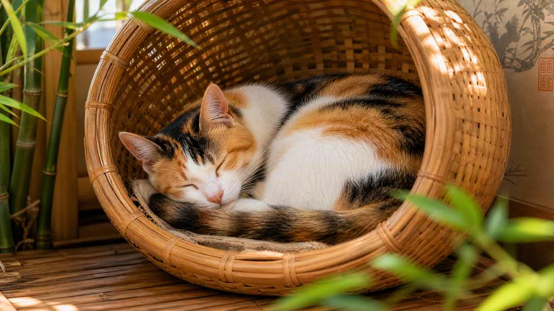 三花猫与竹编篮 窝篮酣睡 花色灵动 雅致治愈 4K壁纸 - 唯爱图库