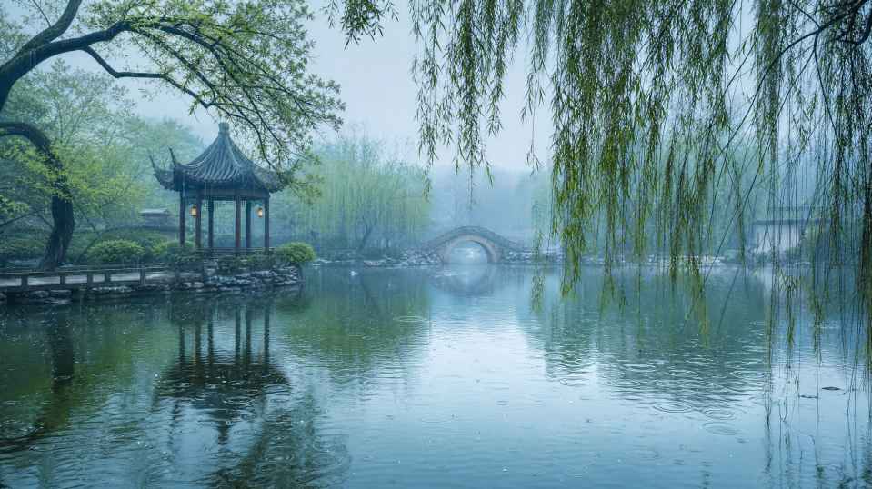 园林雨景 湖面涟漪 垂柳含烟 江南雅致 4K壁纸 - 唯爱图库