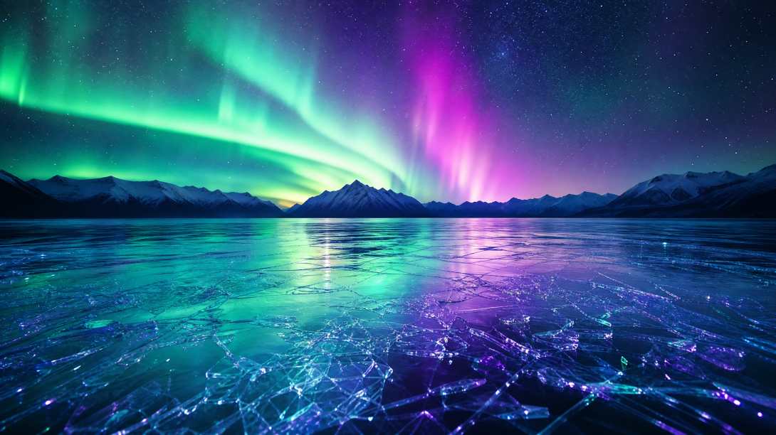 极光下的冰湖，绿色和紫色极光在夜空中舞动，湖面冰晶反射光芒，远处雪山剪影，长时间曝光，梦幻风格 - 唯爱图库