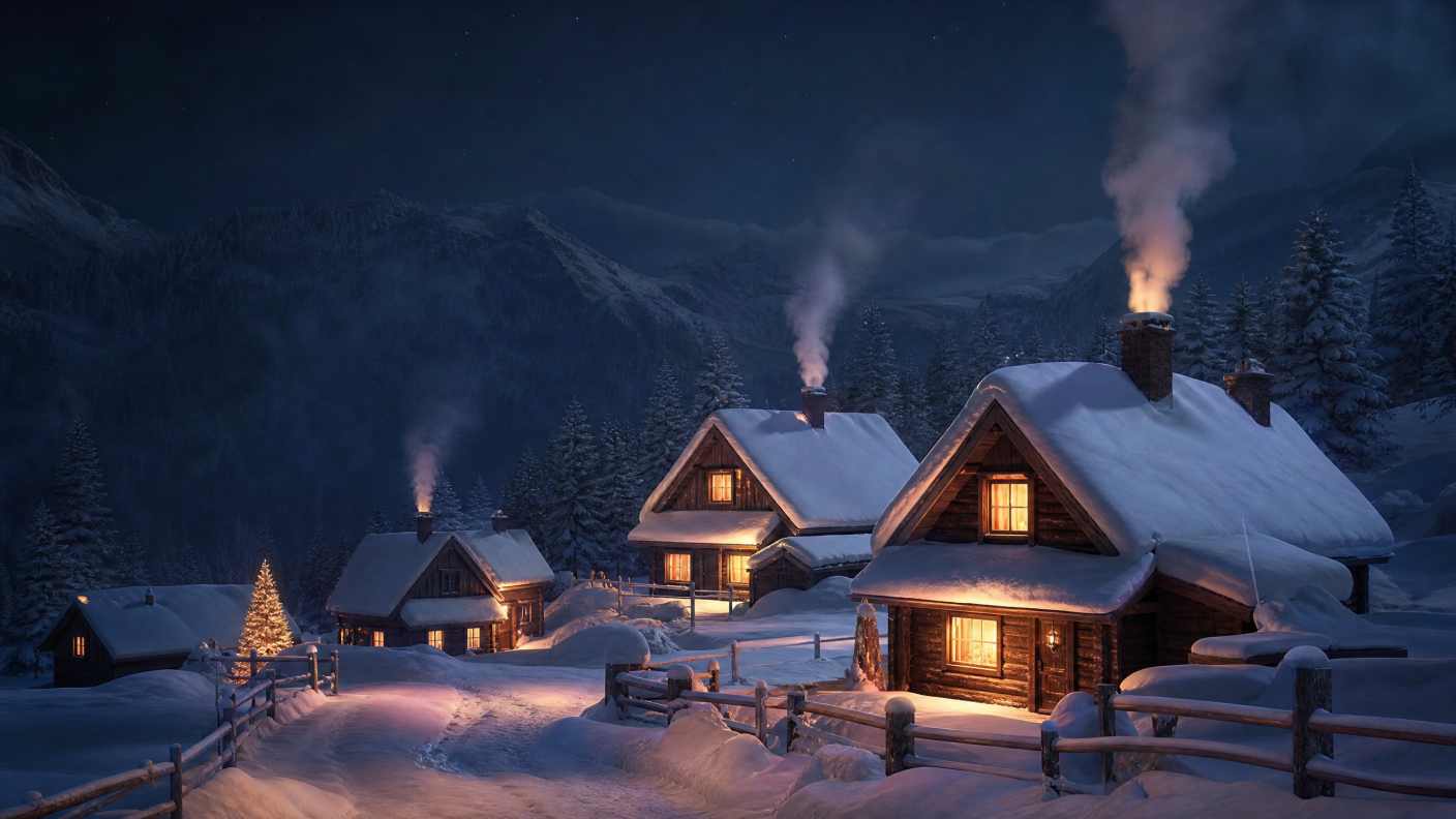 雪夜村庄，小屋灯光，烟囱冒烟，厚雪，温馨，写实 - 唯爱图库