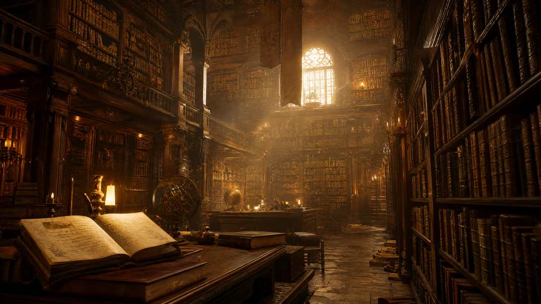 古老图书馆，书架高耸，尘埃在光中飞舞，暖色调，知识氛围 - 唯爱图库