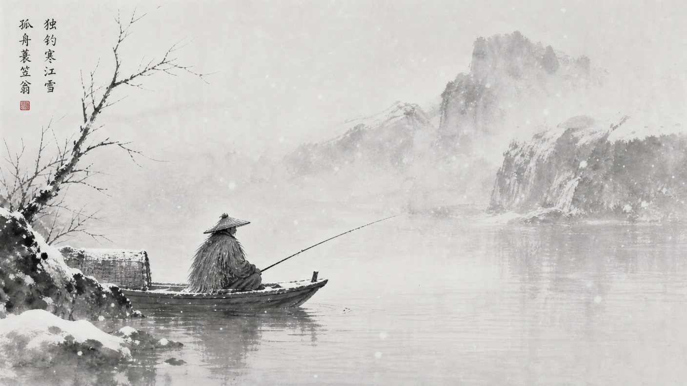 水墨画风格，孤舟蓑笠翁，独钓寒江雪，黑白灰，意境 - 唯爱图库