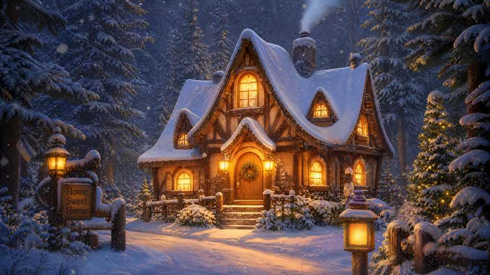 童话小屋，森林深处，烟囱，灯光，雪景，温暖 - 唯爱图库