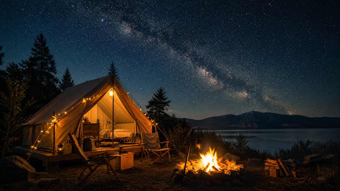 星空下的帐篷，篝火，暖光，露营，宁静 - 唯爱图库