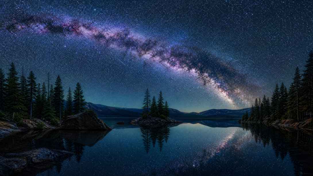 星空下的宁静湖面，银河倒映在水中，周围有松树轮廓，夜景，超现实主义，8K分辨率 - 唯爱图库