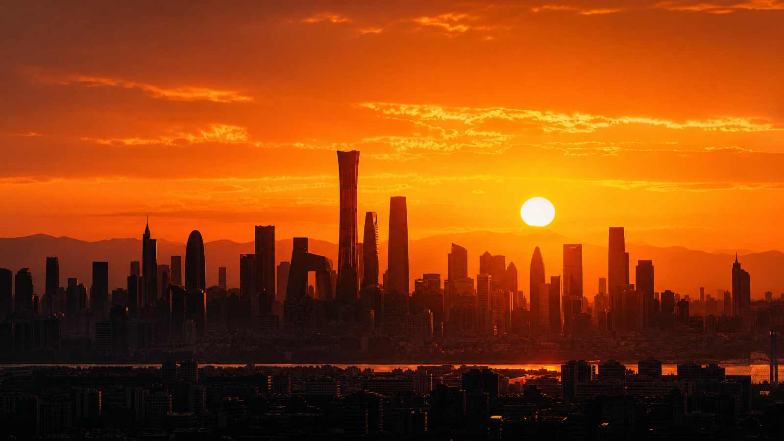 城市天际线，日落，剪影，高楼，暖色调，全景 - 唯爱图库