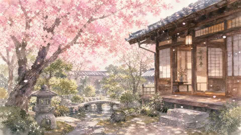 樱花树下的日式庭院，粉色花瓣飘落，传统木建筑，柔和光线，水彩风格 - 唯爱图库